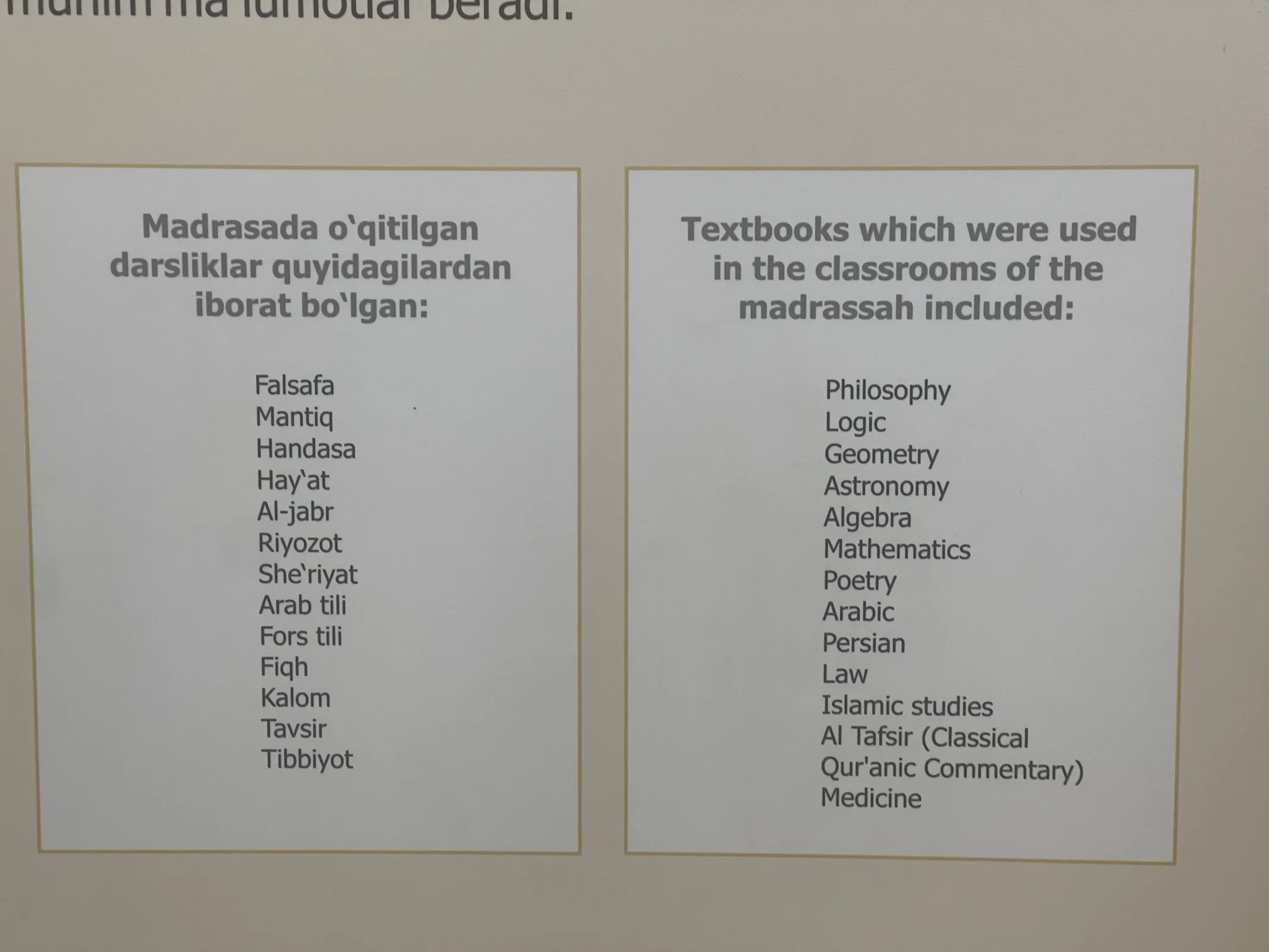 List of subjects taught at the madrasah